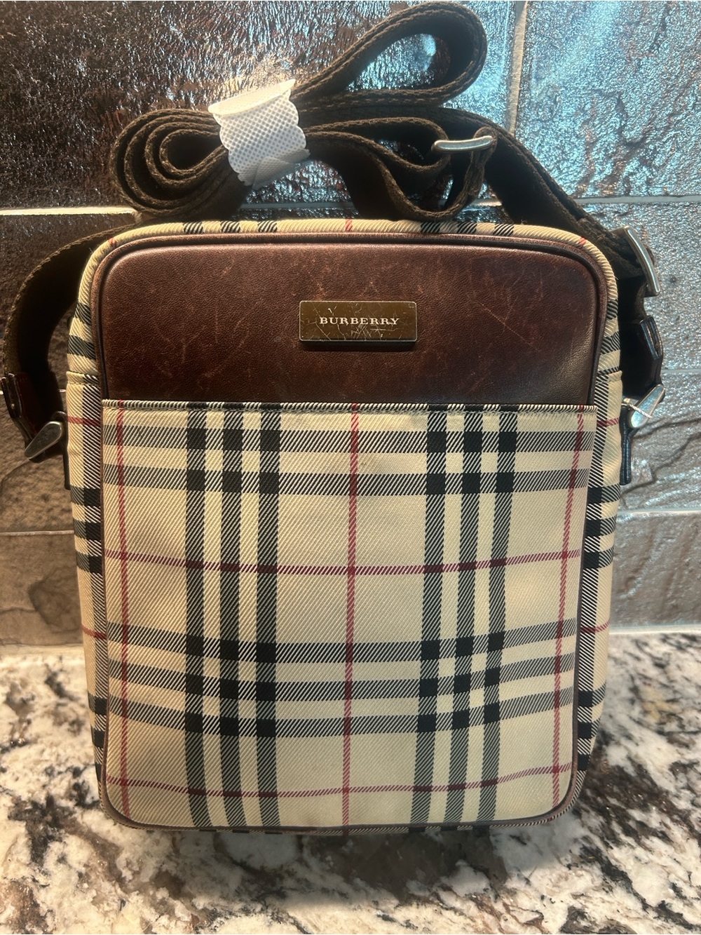 Burberry Beige Nova Check Messenger Bag Vintage with Brown Leather Accents